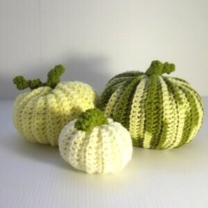 NWT Green Yellow Cream Handmade Crocheted Pumpkin Set of 3 by Dawny
